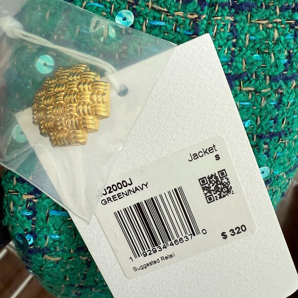 NWT Endless Rose Premium Green Navy Tweed Sequin Cropped Blazer Jacket Sz S - Picture 7 of 7